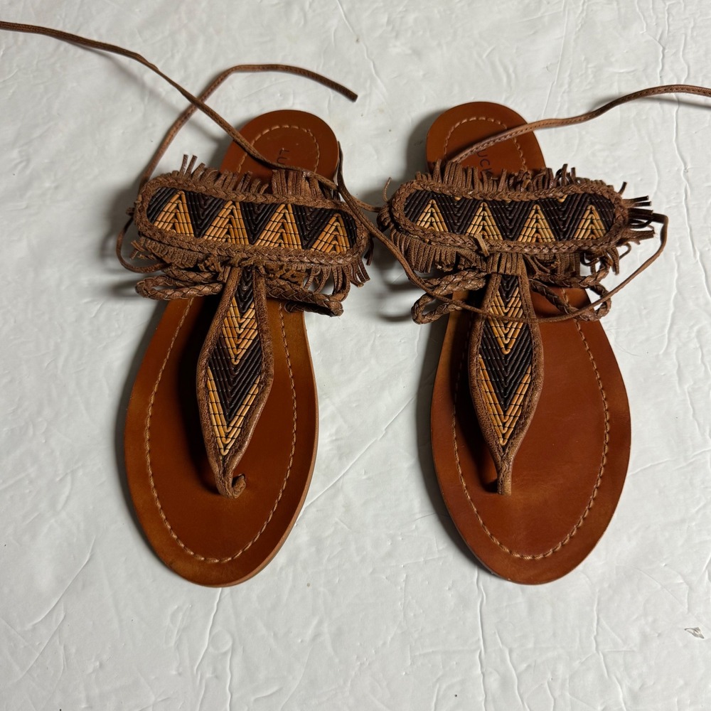 Lucky Brand Alibaster Brown Leather Fringe Lace Up Gladiator Sandals Women 7.5